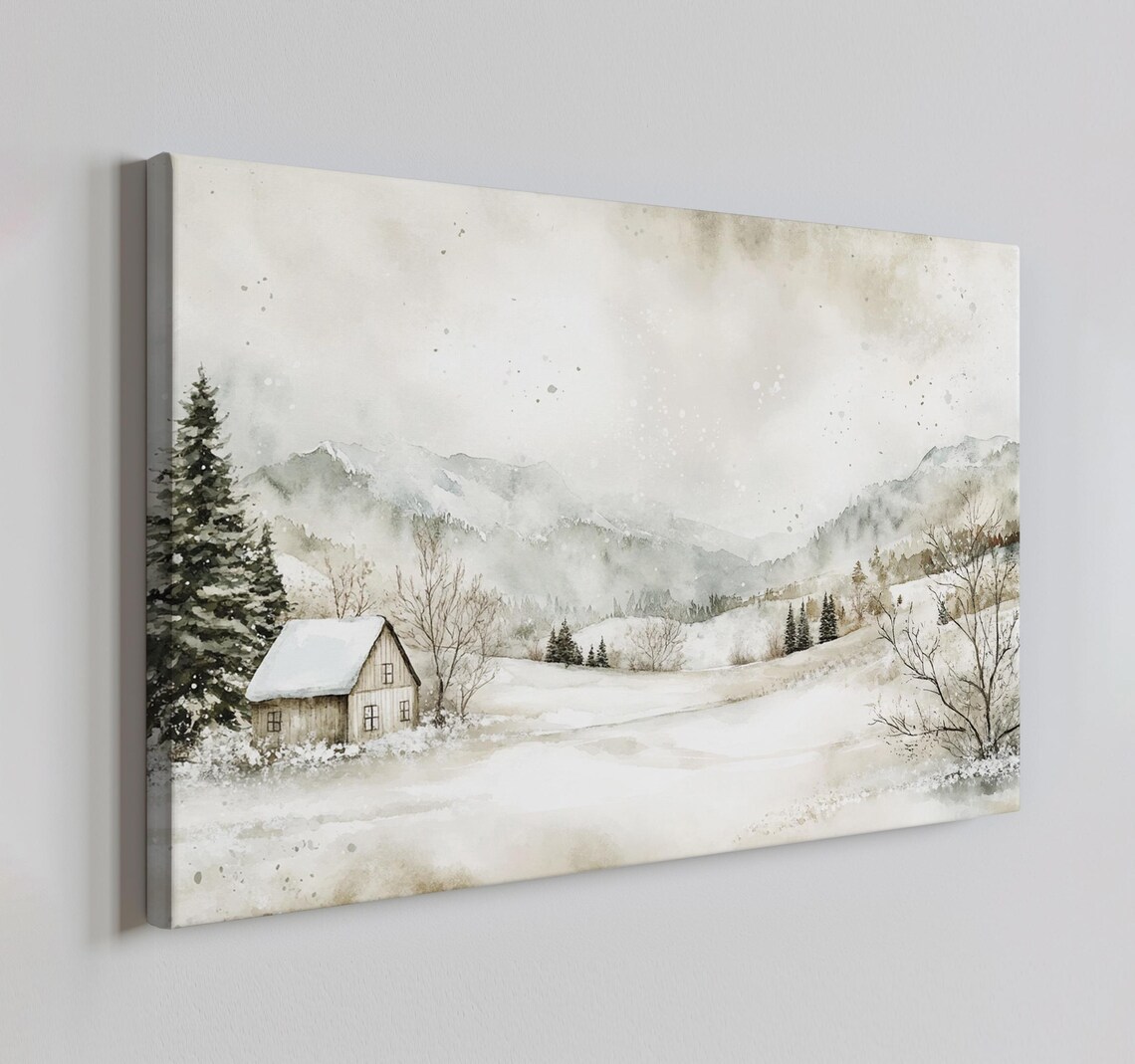 Snowy Mountain Cabin Soft Watercolor Winter Landscape Neutral Poster