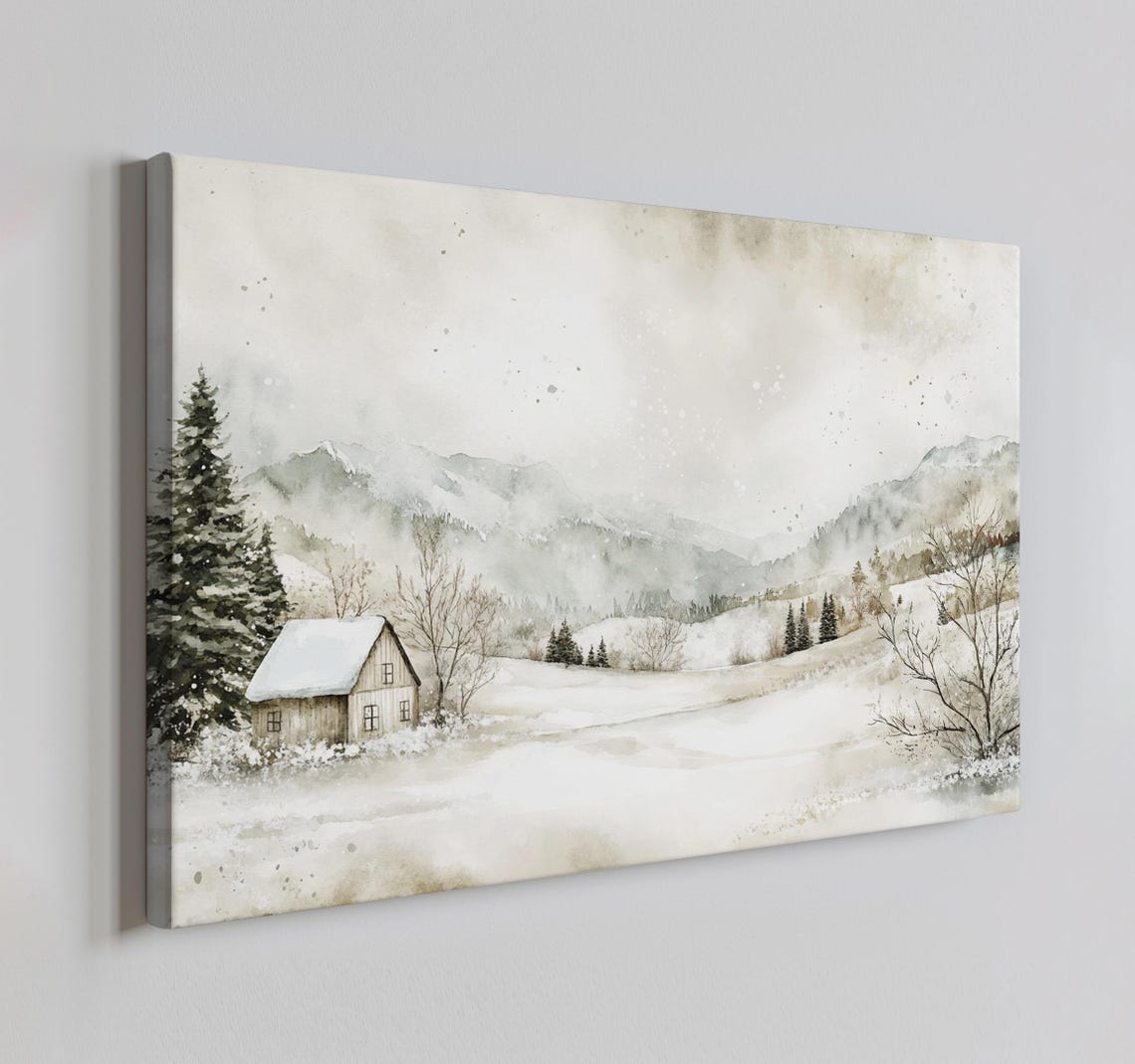 Snowy White Christmas Village Houses Vintage Painting Style Print Farmhouse Decor Art Nature Picture Wall Hanging Fine Art Print
