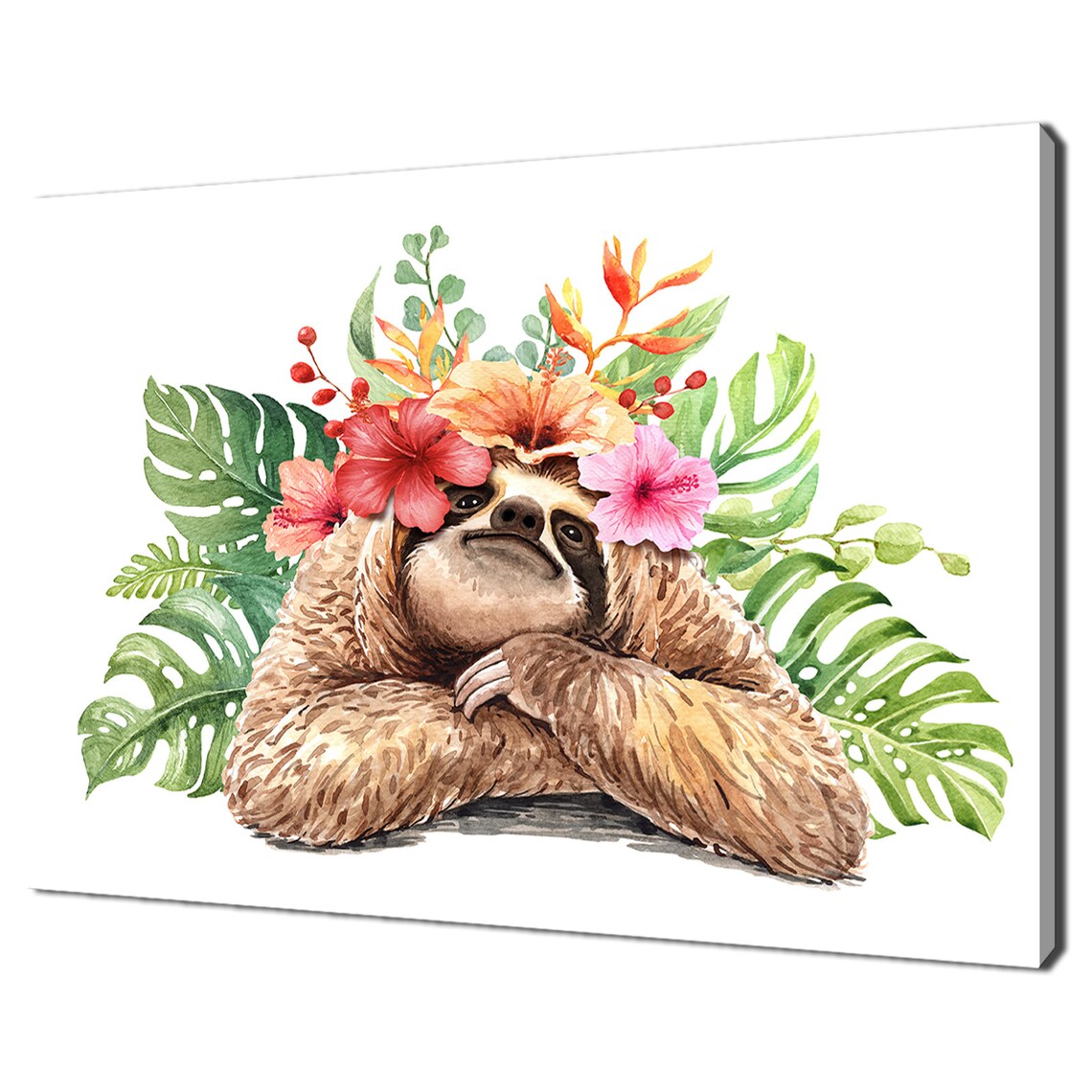 Cute Sloth Watercolor With Tropical Flowers And Leaves Art Print