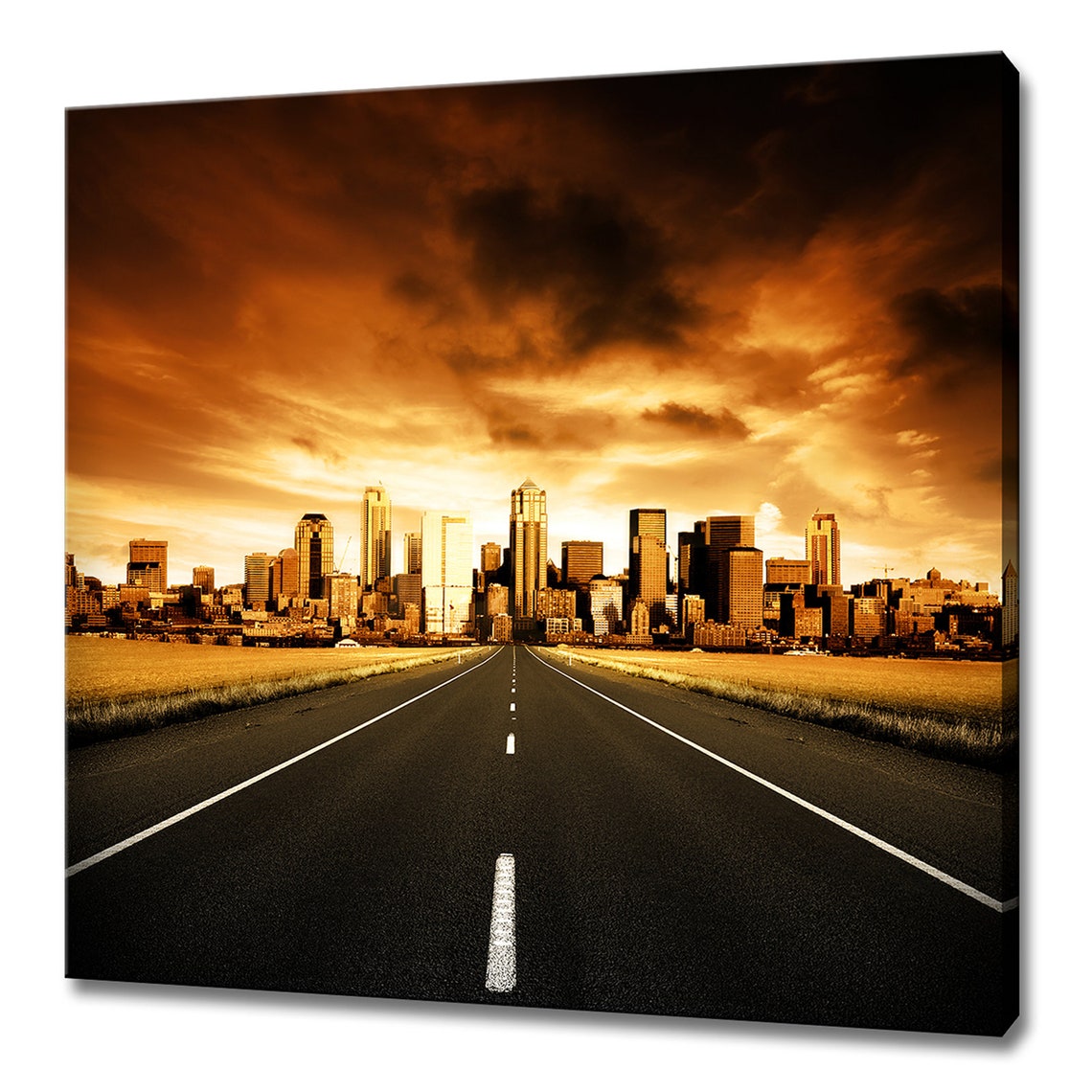 Open Road Leading To City Skyline Dramatic Orange Sunset Travel Poster