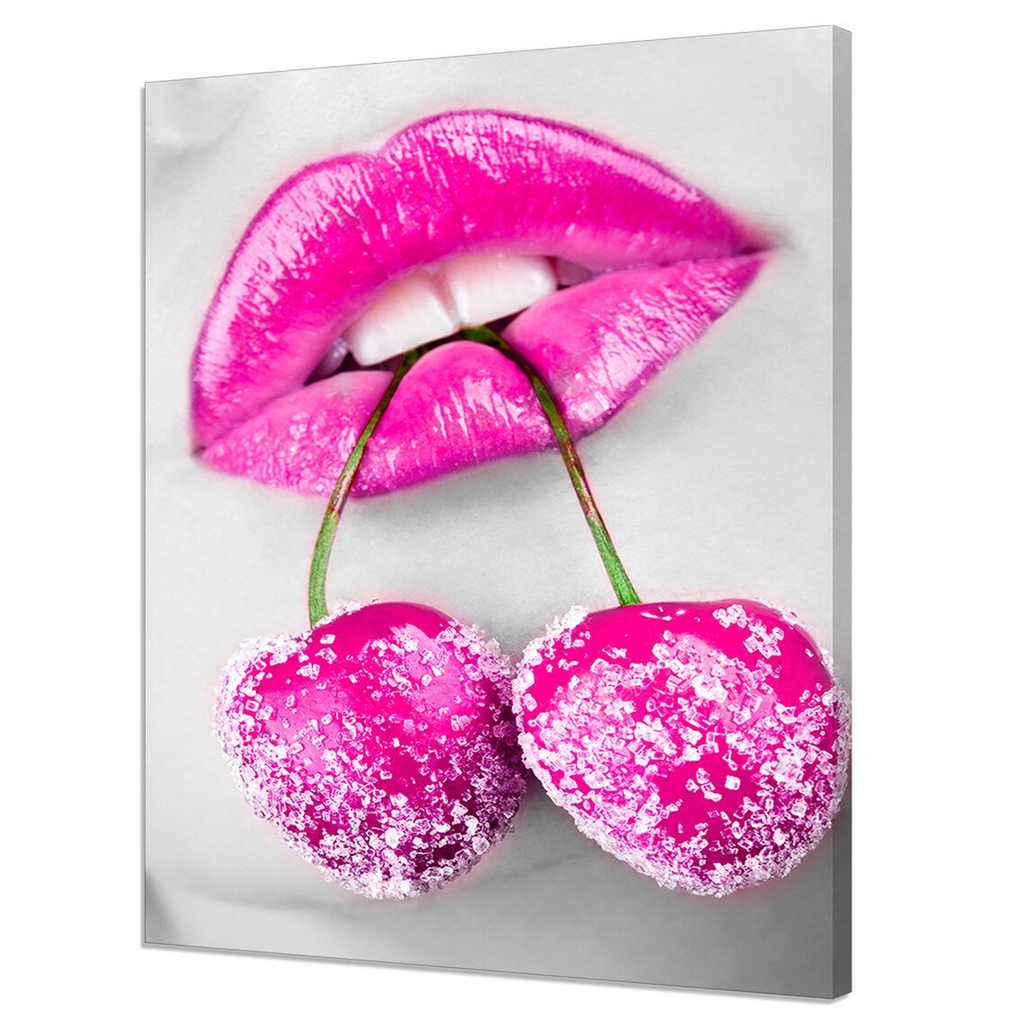 Bright Pink Lips With Cherries, Modern Wall Art Print