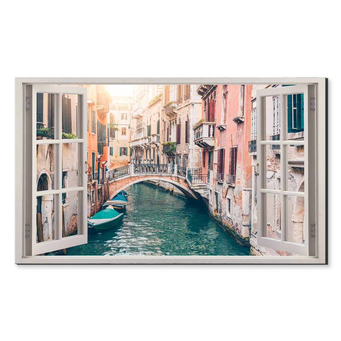 Venice Italy Narrow Canal Stone Bridge Boats Window View Poster
