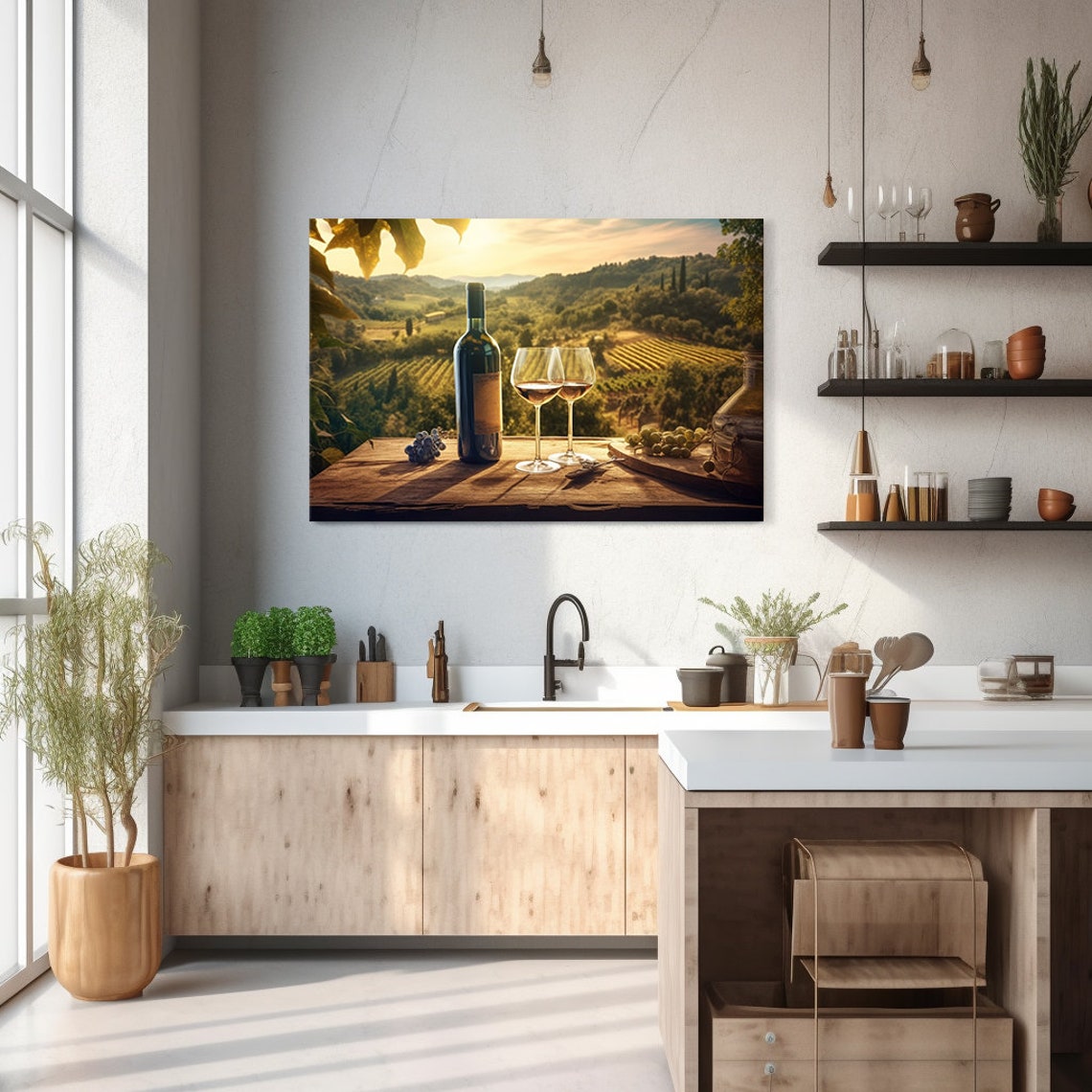 Wine Bottle Glasses Grapes Overlooking Tuscany Vineyard Hills Poster - Image 2