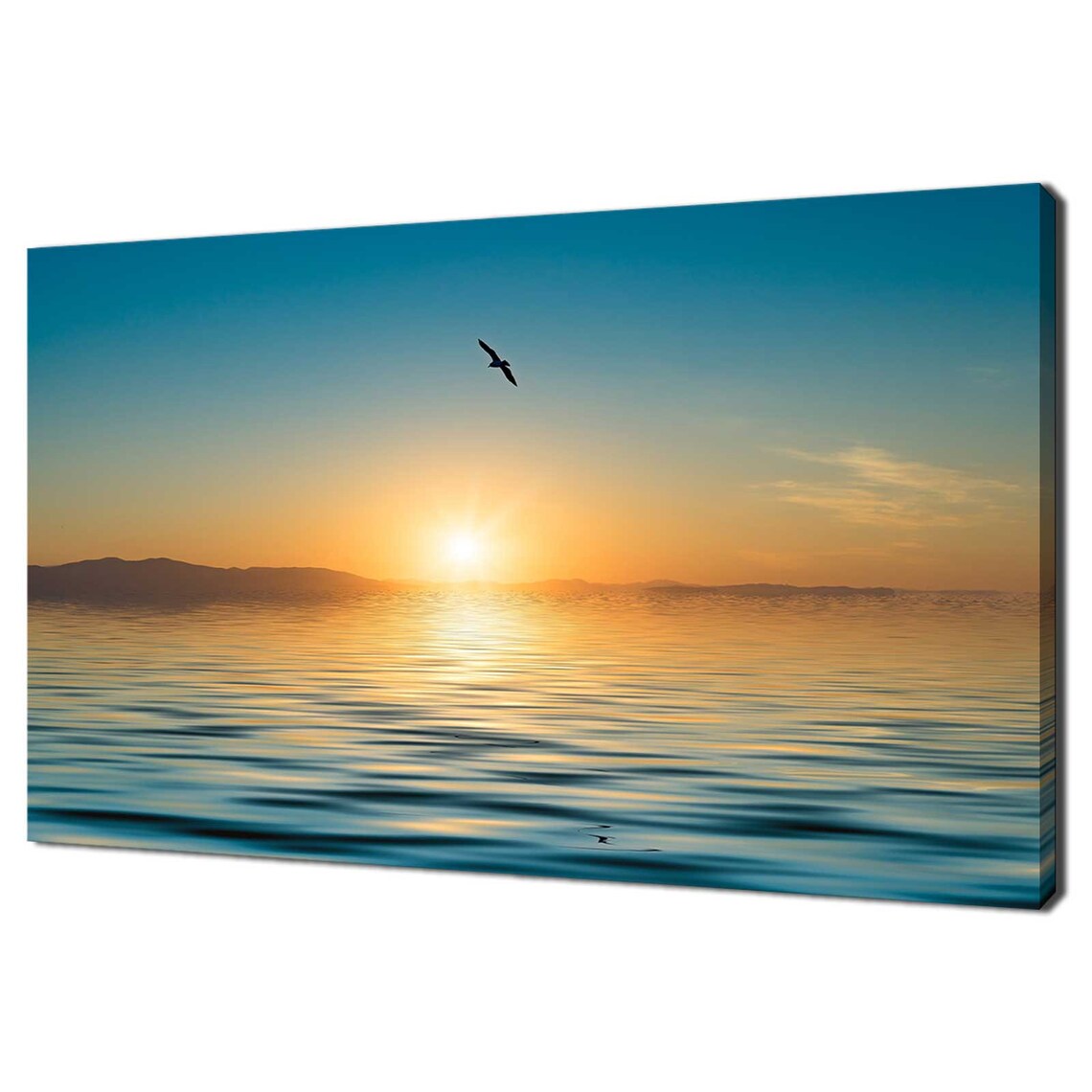 Lone Bird Flying Over Golden Ocean Sunset Calm Seascape Wall Art