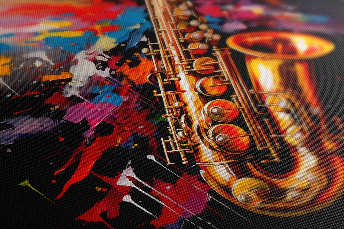 Golden Saxophone Painting With Colorful Paint Splashes Music Wall Art - Image 3