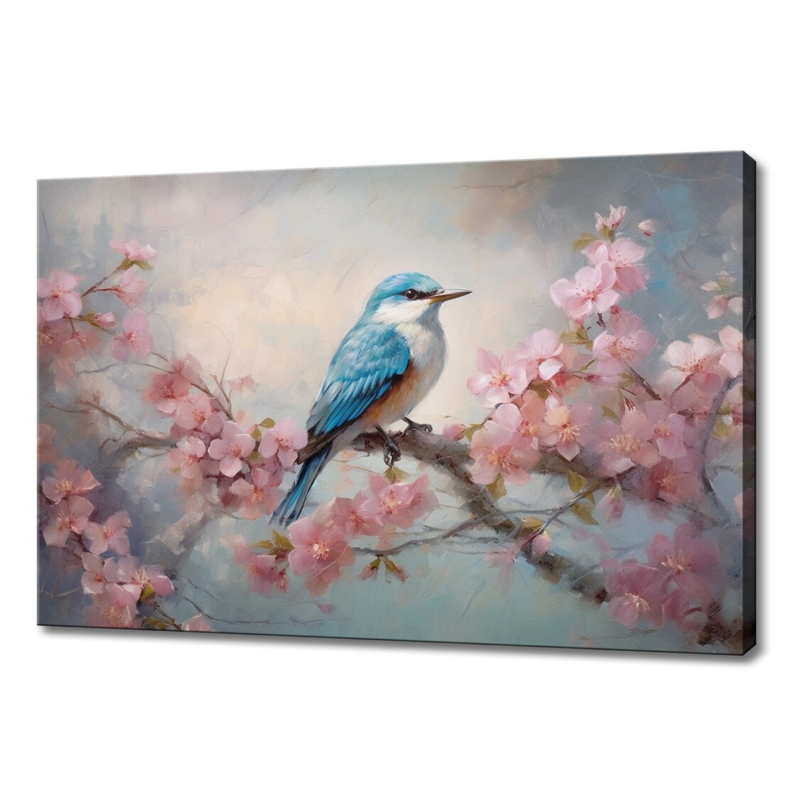 Bright Blue Bird White Breast Cherry Blossom Branch Pastel Poster