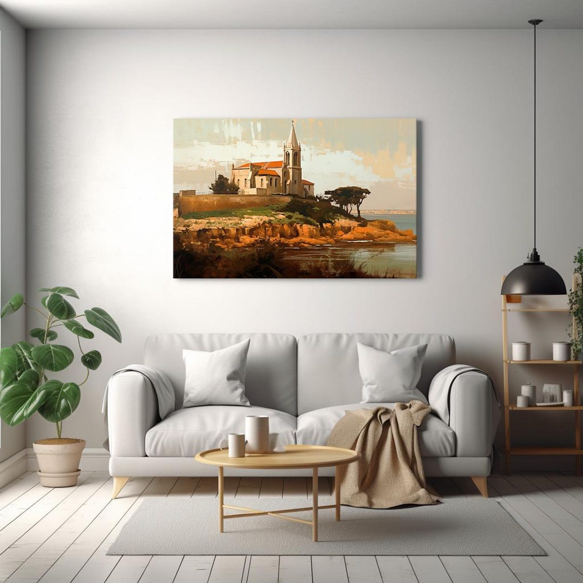 Coastal Church On Cliff Warm Sunset Riverside Village Church Poster - Image 2