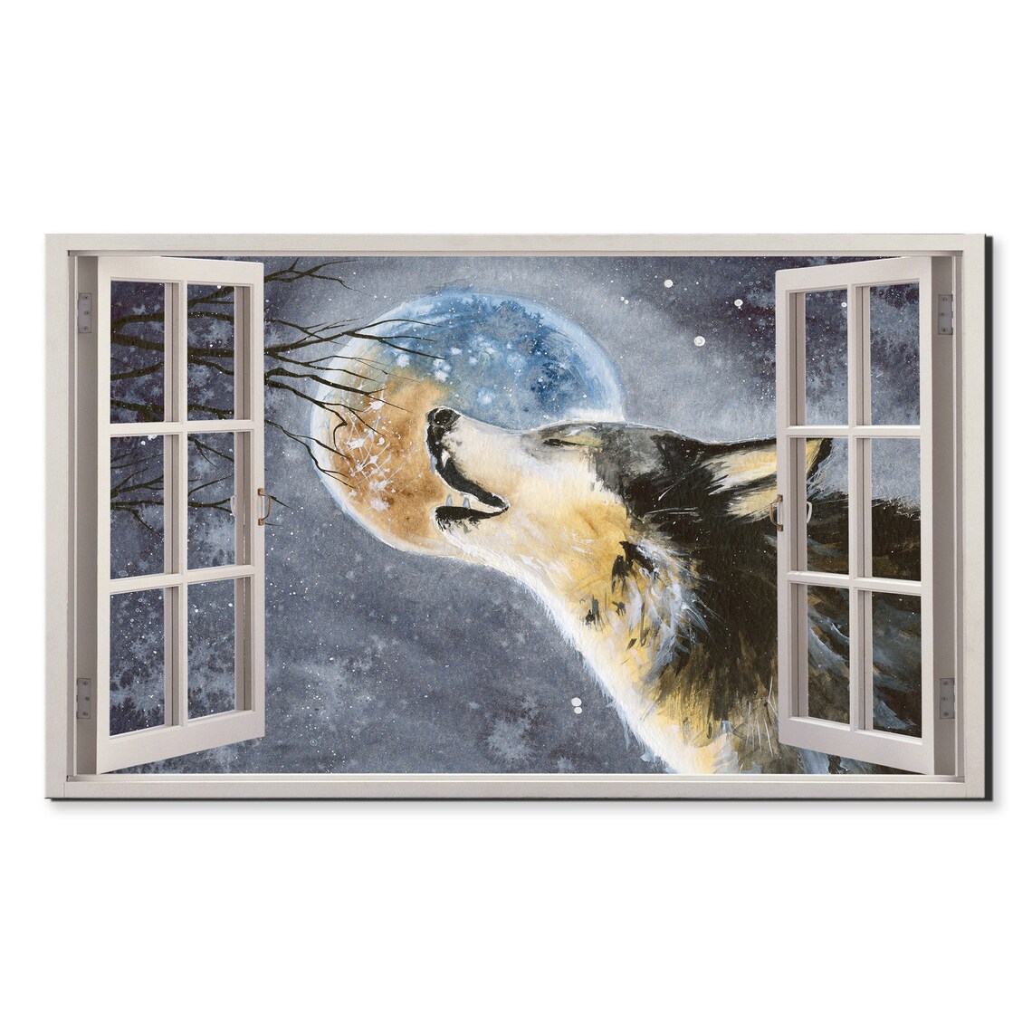 Grey Wolf Howling At Full Moon Night Sky Open Window View Wild Wall Art