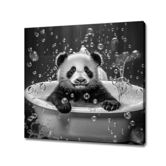Baby Panda In Bubble Bath Tub Black White Funny Bathroom Animal Art Print