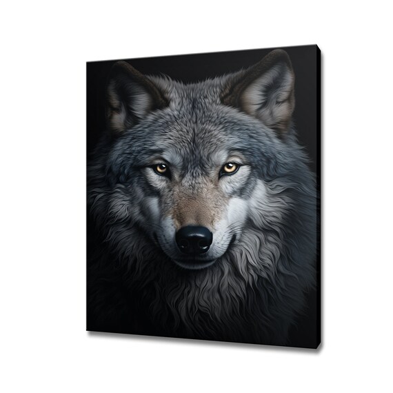 Grey Wolf Portrait Piercing Eyes Dark Background Wildlife Wall Art Print