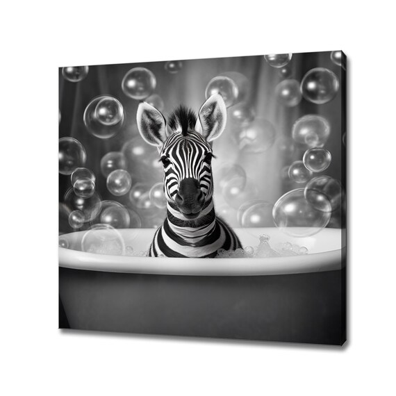 Baby Zebra In Bubble Bath Tub Black White Funny Bathroom Animal Art Print