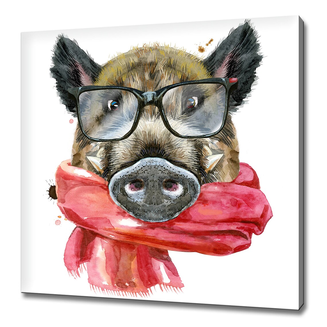 Wild Boar With Glasses And Red Scarf Watercolour Funny Animal Print