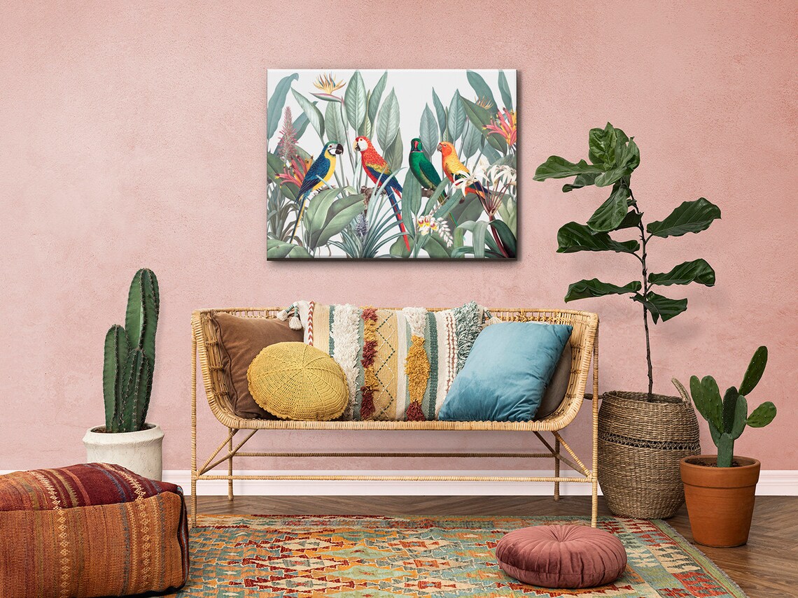 Colorful Macaws Parrots With Tropical Leaves Art Print - Image 2
