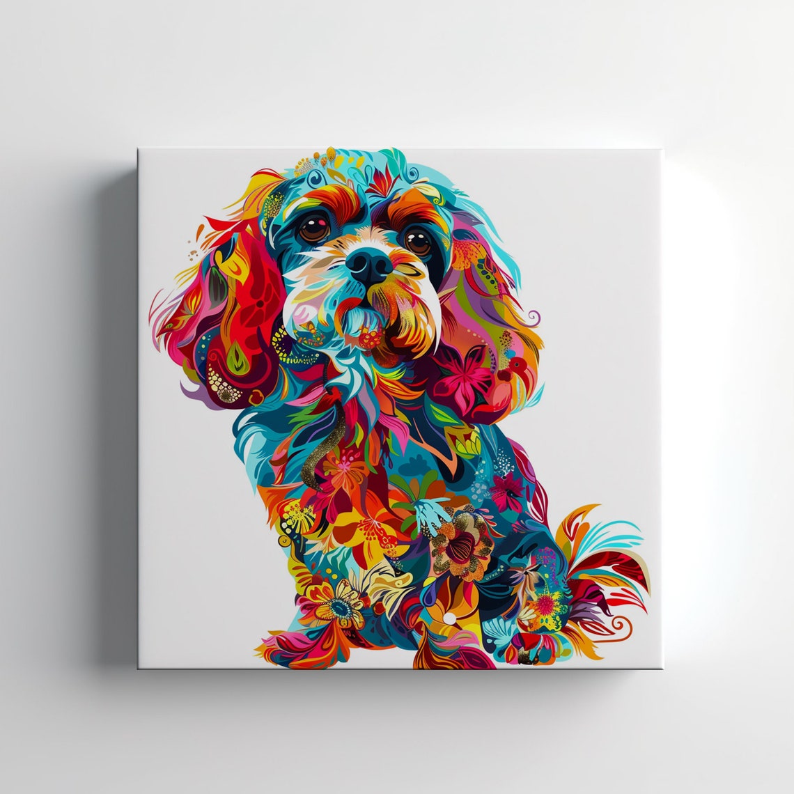 Cavalier King Charles Spaniel Vibrant Floral Portrait Dog Wall Art