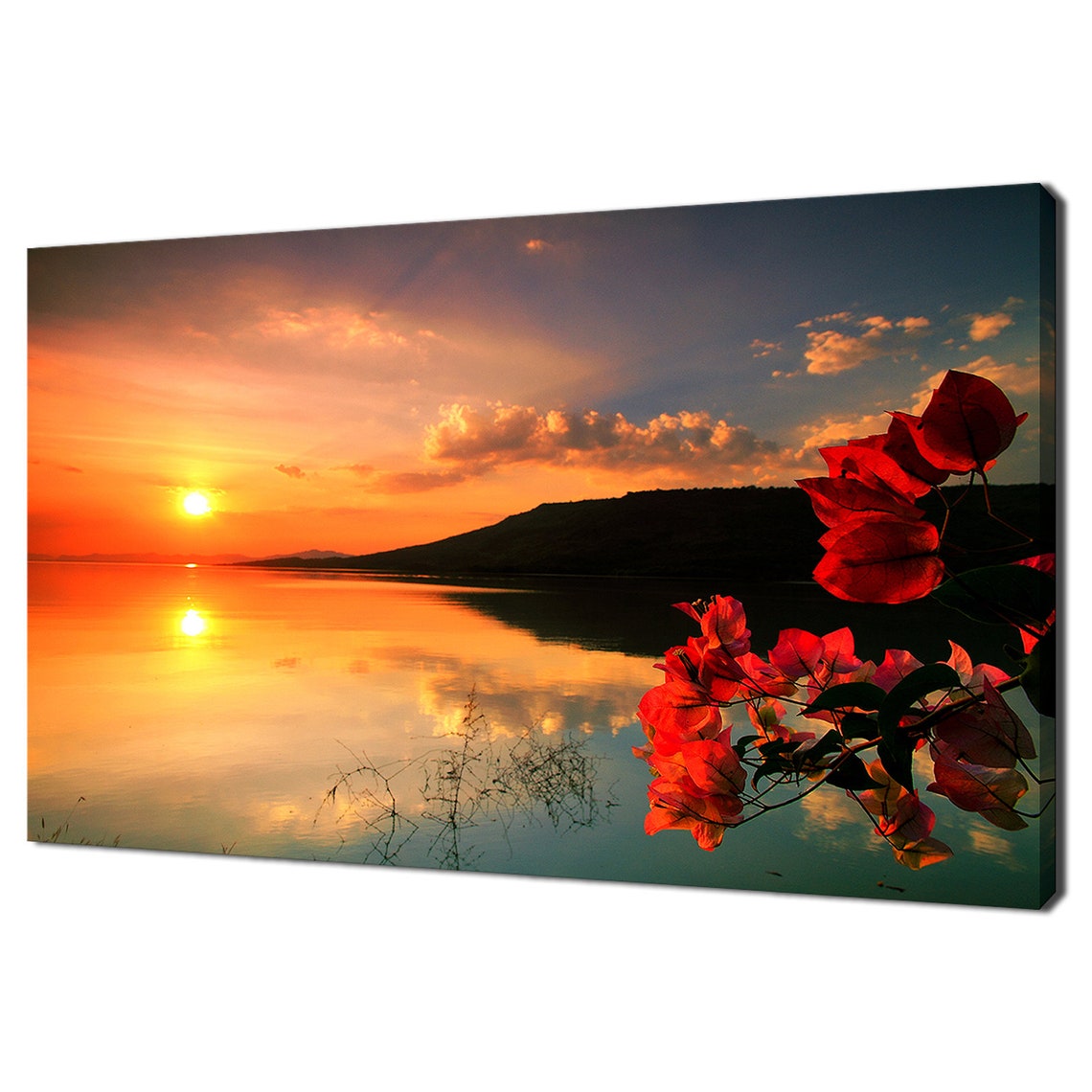 Sunset Over Calm Lake With Red Flowers Orange Sky Landscape Wall Art