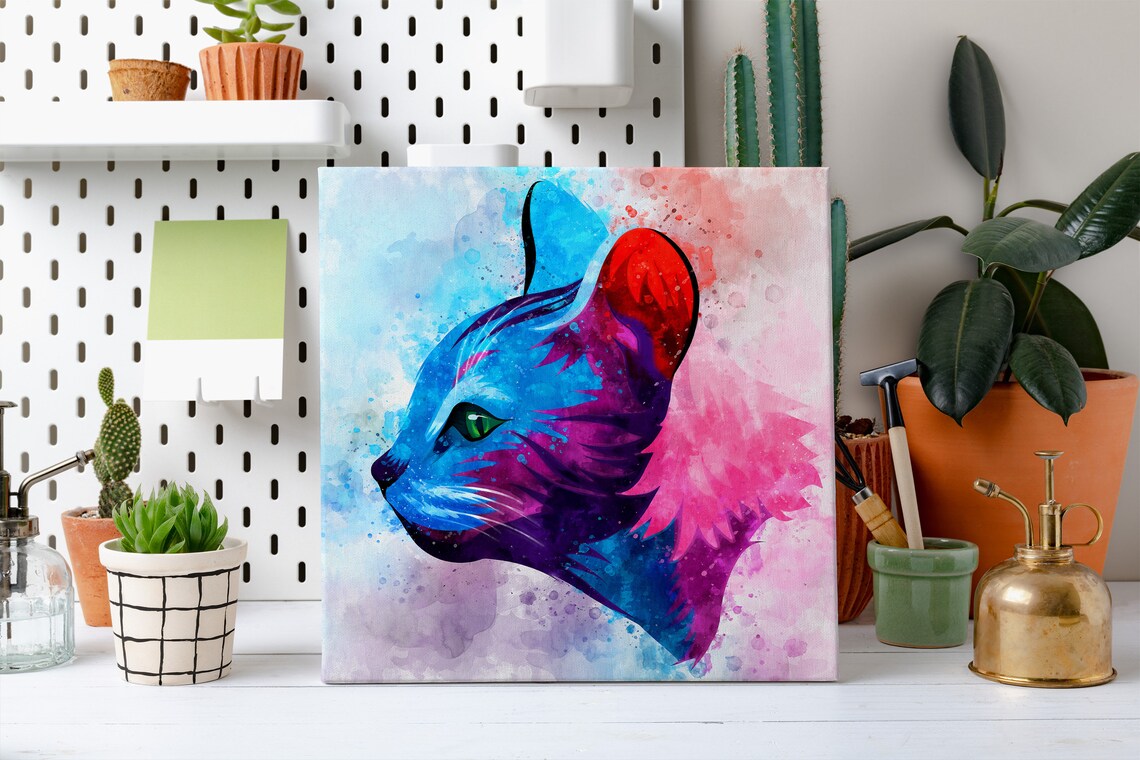 Cat Head Side Profile Blue Pink Watercolour Colourful Feline Art Poster - Image 2