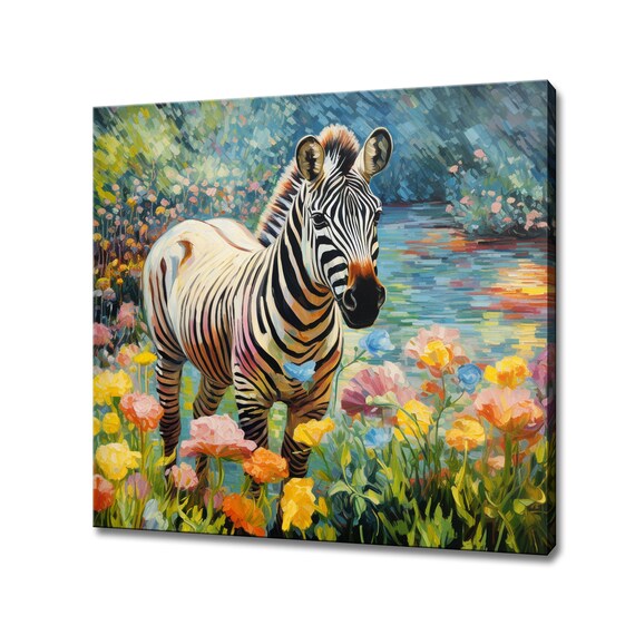 Zebra In Colorful Flower Meadow By Pond Whimsical Painting Wall Art