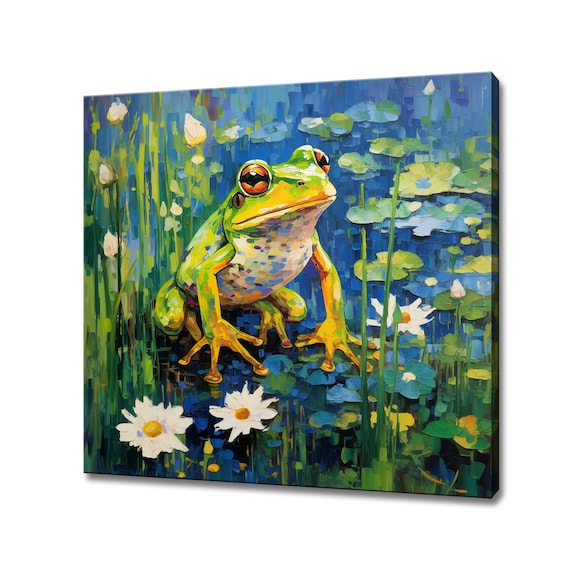 Green Frog White Daisies Lily Pad Pond Blue Colourful Nature Wall Art