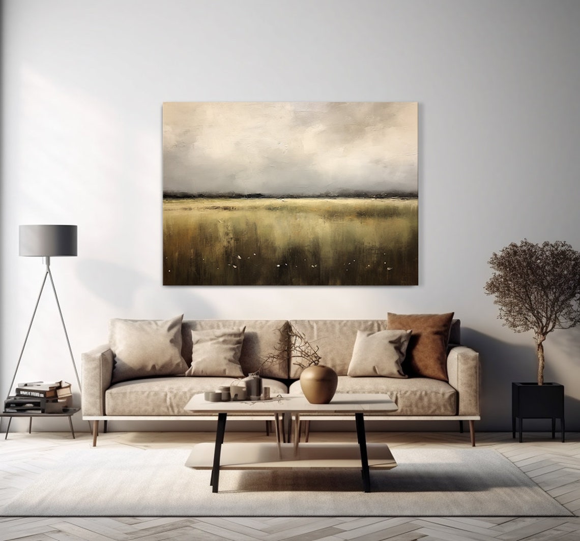 Golden Grassland Under Moody Cloudy Sky Minimalist Landscape Wall Art - Image 4
