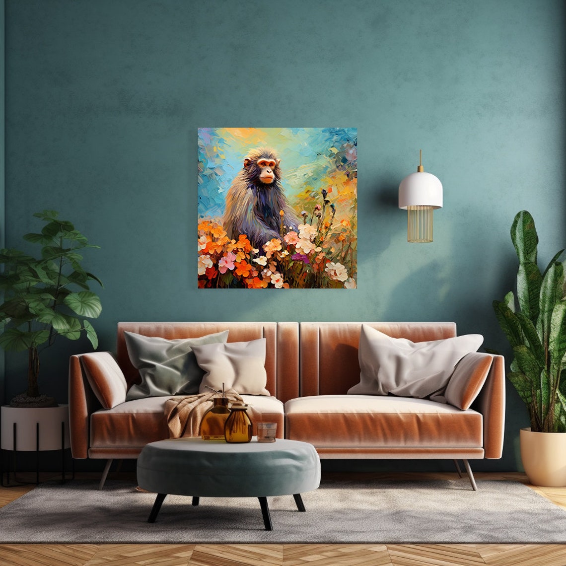 Shaggy Monkey Among Orange Blossoms Bright Turquoise Sky Poster - Image 3
