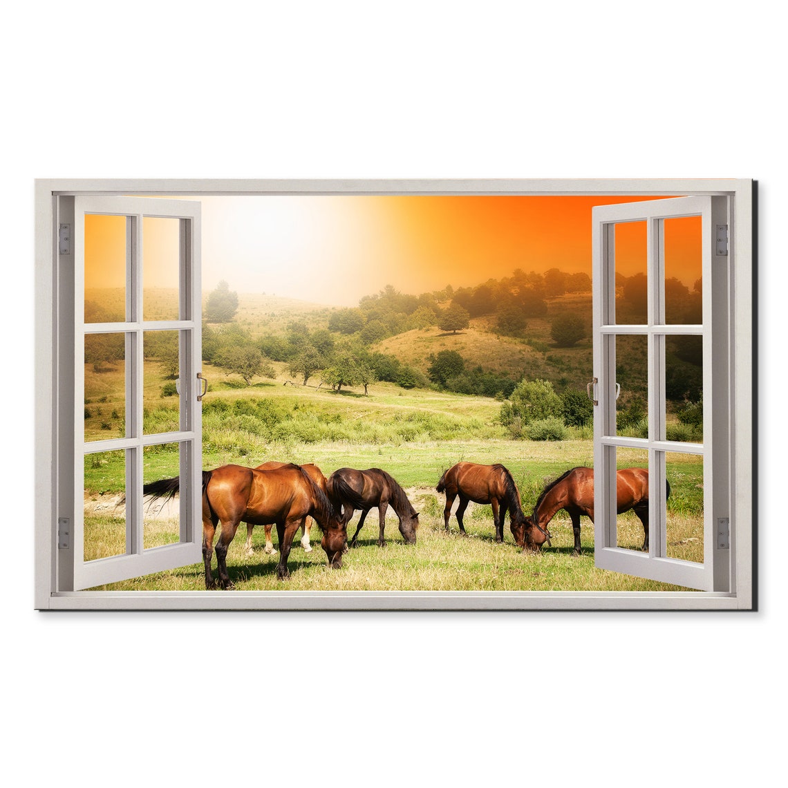 Wild Horses Grazing Meadow Sunset Glow Open Window Frame View Wall Art
