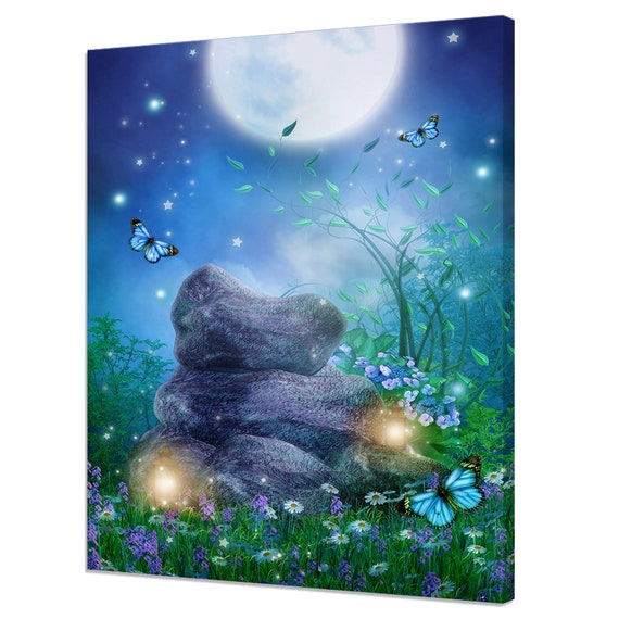 Beautiful Fantasy Rocks With Butterflies And Moon Modern Print Wall Art Picture Ready To Hang