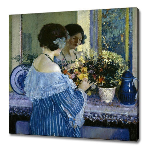 Girl In Blue Arranging Flowers 1915 Vintage Victorian Oil Painting Print Female Print Wall Art Antique Moody Rustic Print
