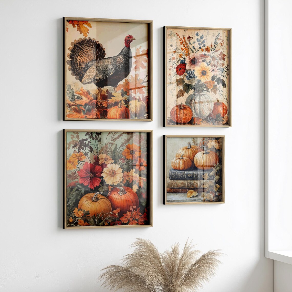 Fall Gallery Wall Set of 4 Vintage Turkey Pumpkin Floral Art Print - Image 2