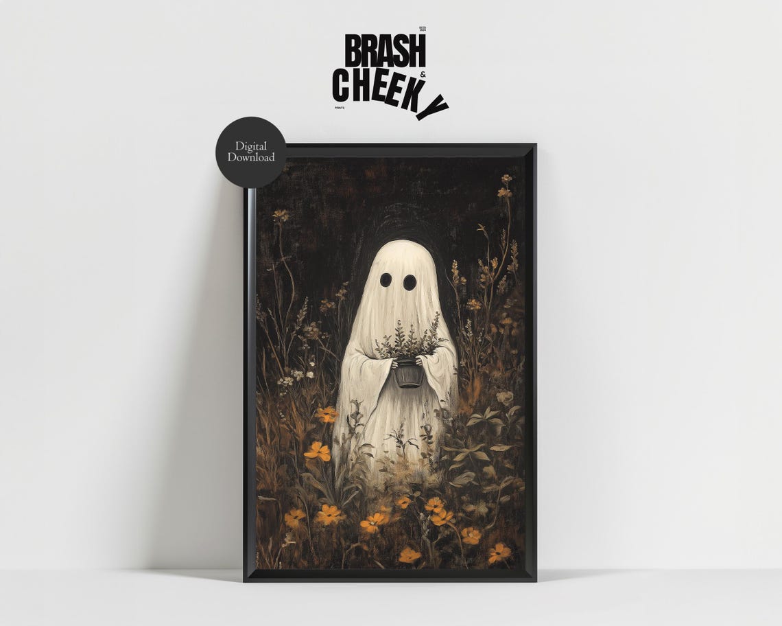 Cute Ghost Holding Plant In Dark Wildflower Garden Art Poster