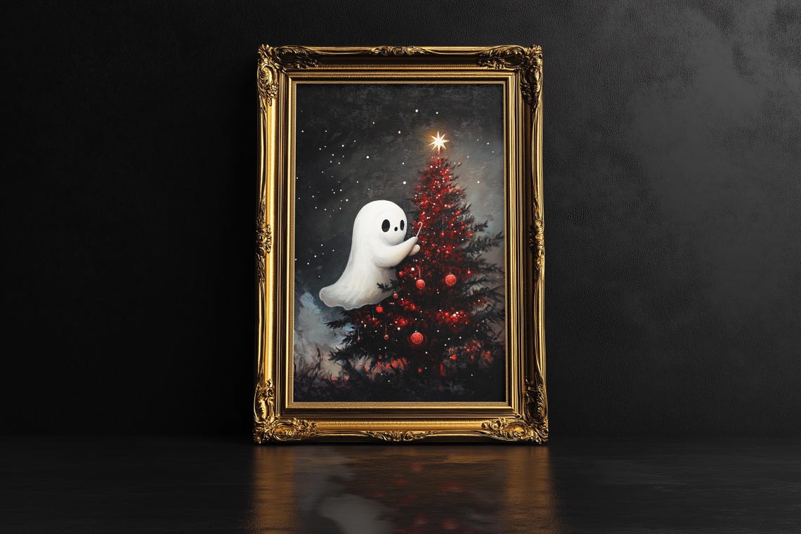 Cute Ghost Decorating Christmas Tree Spooky Holiday Winter Wall Art - Image 3