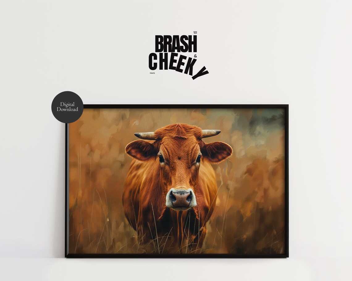 Brown Cow Portrait in Autumn Field Painterly Animal Art Print