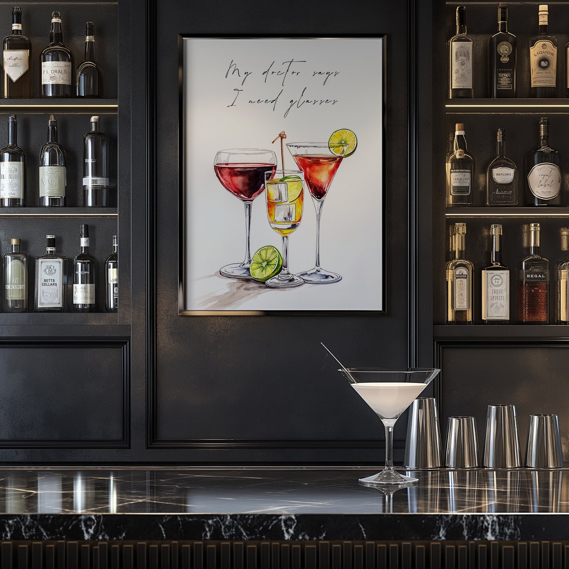 My Doctor Says I Need Glasses Watercolor Cocktail Bar Decor Poster - Image 2