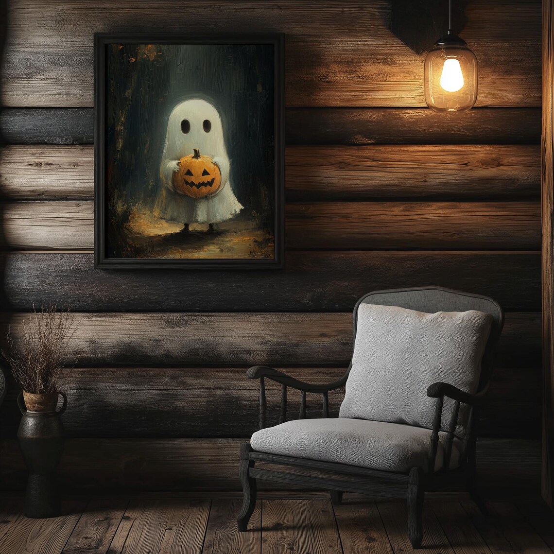 Cute Ghost Holding A Pumpkin Ghost Holding A Carved Pumpkin Print Ghost Wall Art Cute Halloween Wall Decor - Image 2