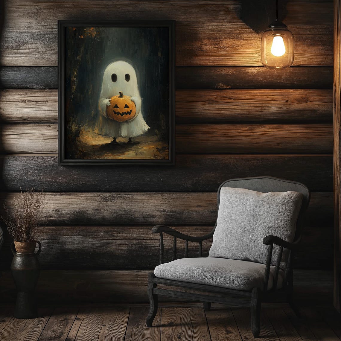 Cute Ghost Holding Jack O Lantern Dark Forest Halloween Night Wall Art - Image 2