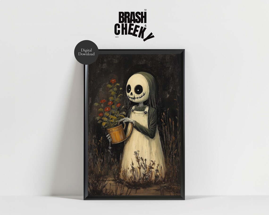 Skeleton Girl Watering Red Flowers Dark Gothic Garden Poster