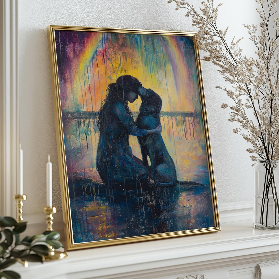 Woman Hugging Dog Under Colorful Rainbow Pet Remembrance Art Print - Image 3