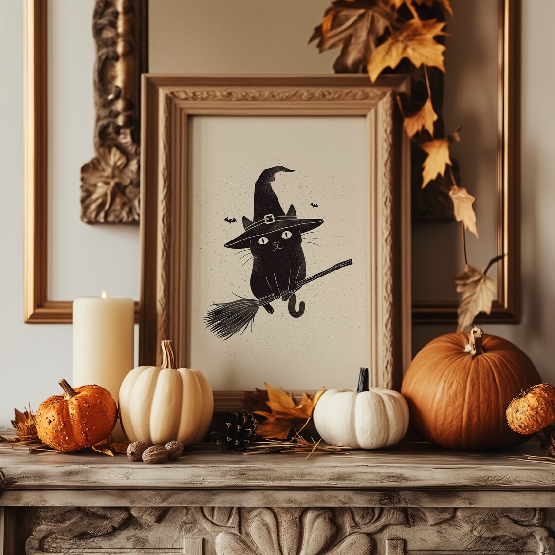 Black Cat On A Broomstick Witch Cat Print Cute Black Cat With A Witch Hat Wall Decor Halloween Decor - Image 3