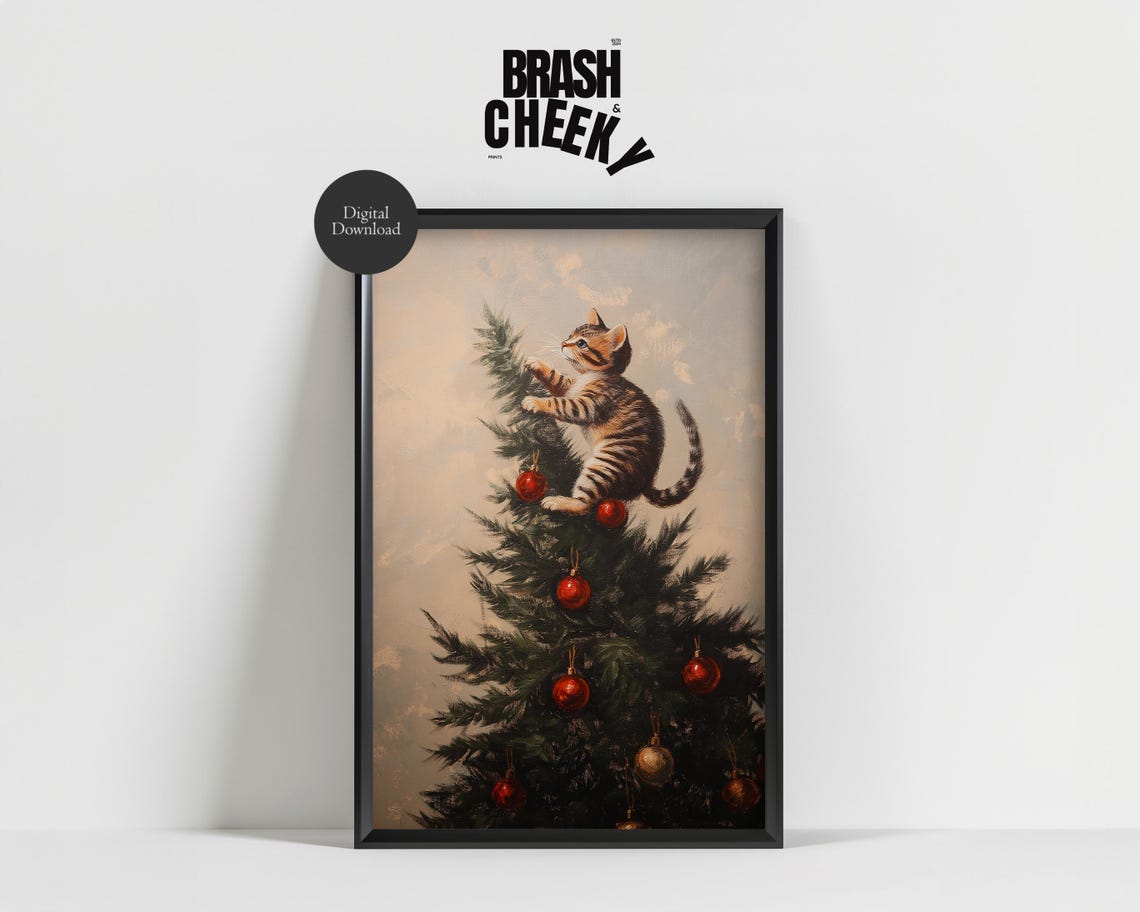 Cute Kitten Climbing Christmas Tree With Red Ornaments Art Print - Image 3