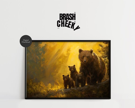 Brown Bear with Three Cubs Golden Forest Wildlife Painting Wall Art