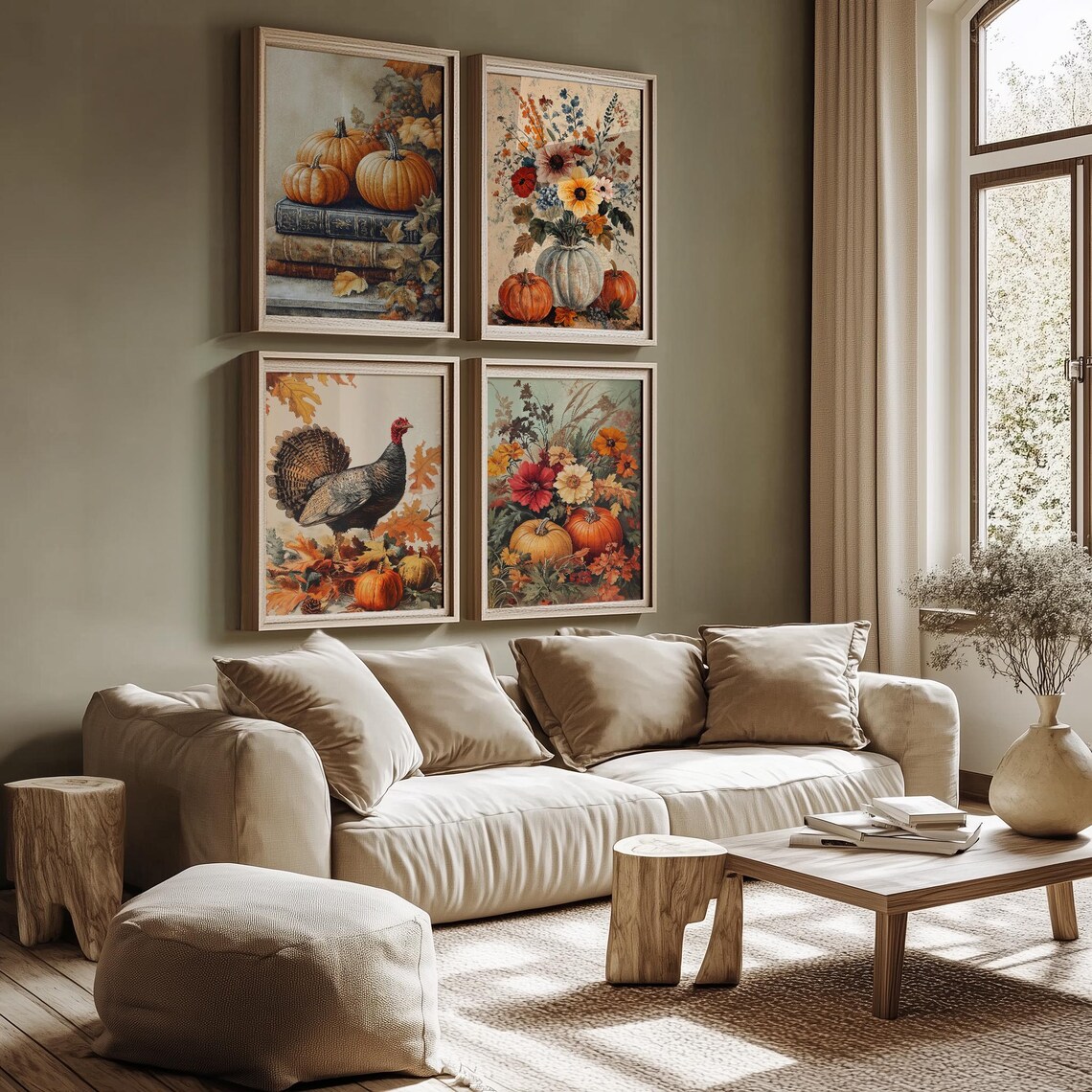Fall Gallery Wall Set of 4 Vintage Turkey Pumpkin Floral Art Print - Image 3