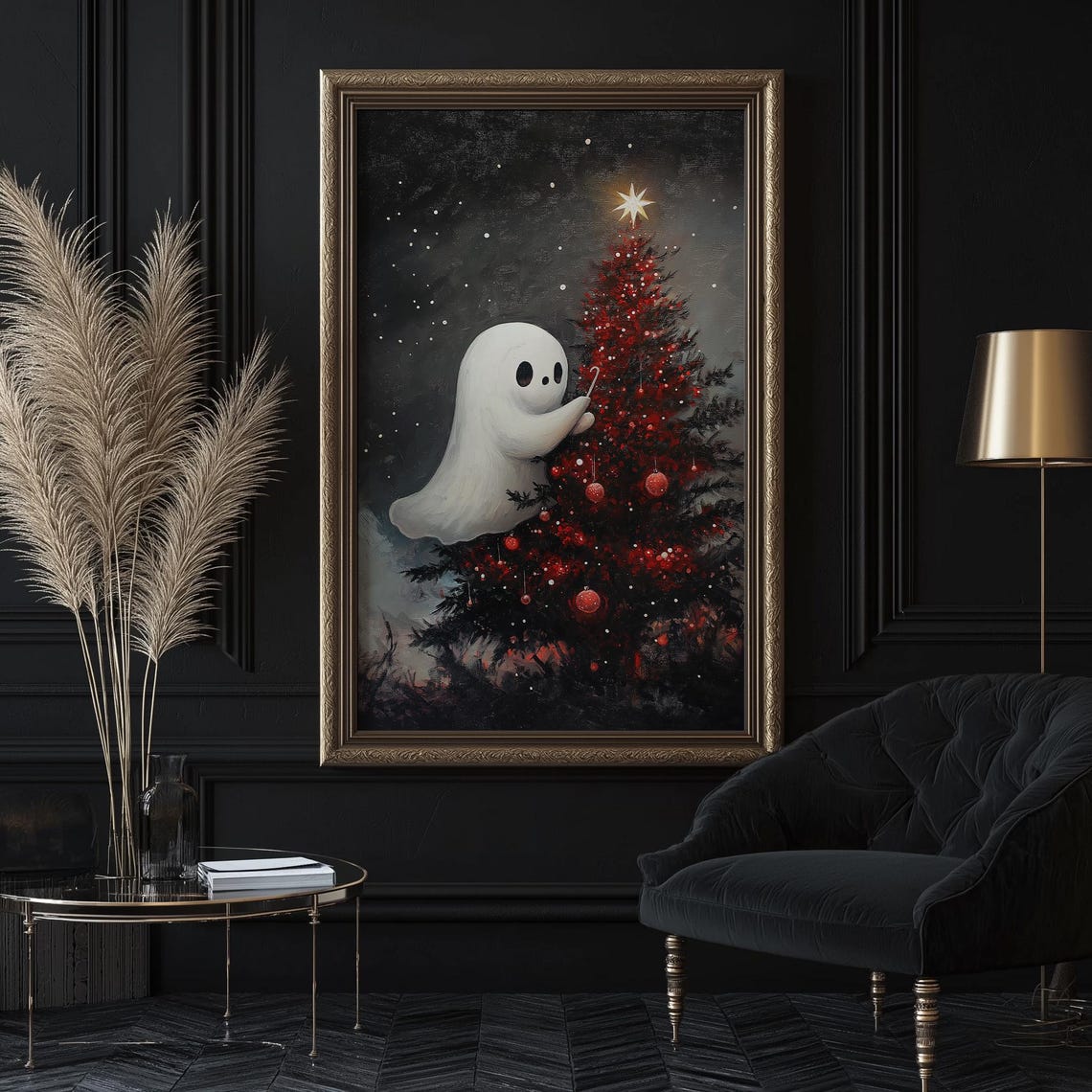 Cute Ghost Decorating Christmas Tree Spooky Holiday Winter Wall Art - Image 2