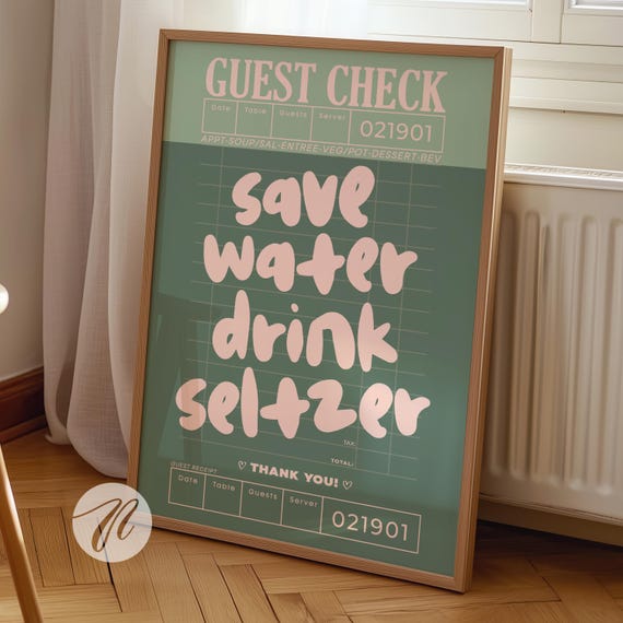 Guest Check Prints Trendy Wall Art Sage Green Pink Poster Preppy Decor Seltzer Bar Cart Printables