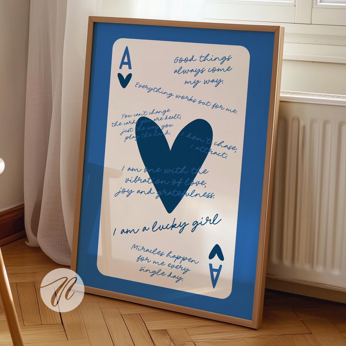 Ace of Hearts Lucky Girl Affirmation Card Blue Trendy Wall Poster