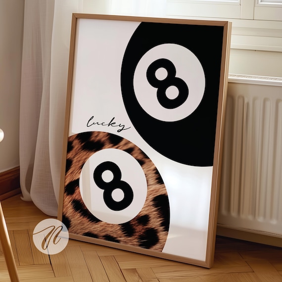 8 Ball Leopard Poster Retro Black White Cheetah Print Vintage Pool Wall Art Preppy Dorm Room Decor