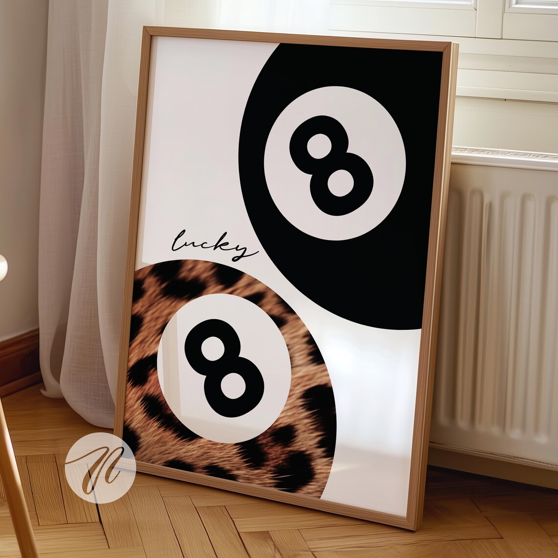 8 Ball Leopard Poster Retro Black White Cheetah Print Vintage Pool Wall Art Preppy Dorm Room Decor