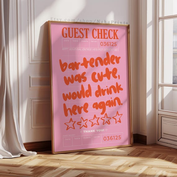 Bartender Was Cute Would Drink Here Again Funky Bar Art Print Cart Trendy Wall Apartment Decor Girly Aesthetics Kitchen