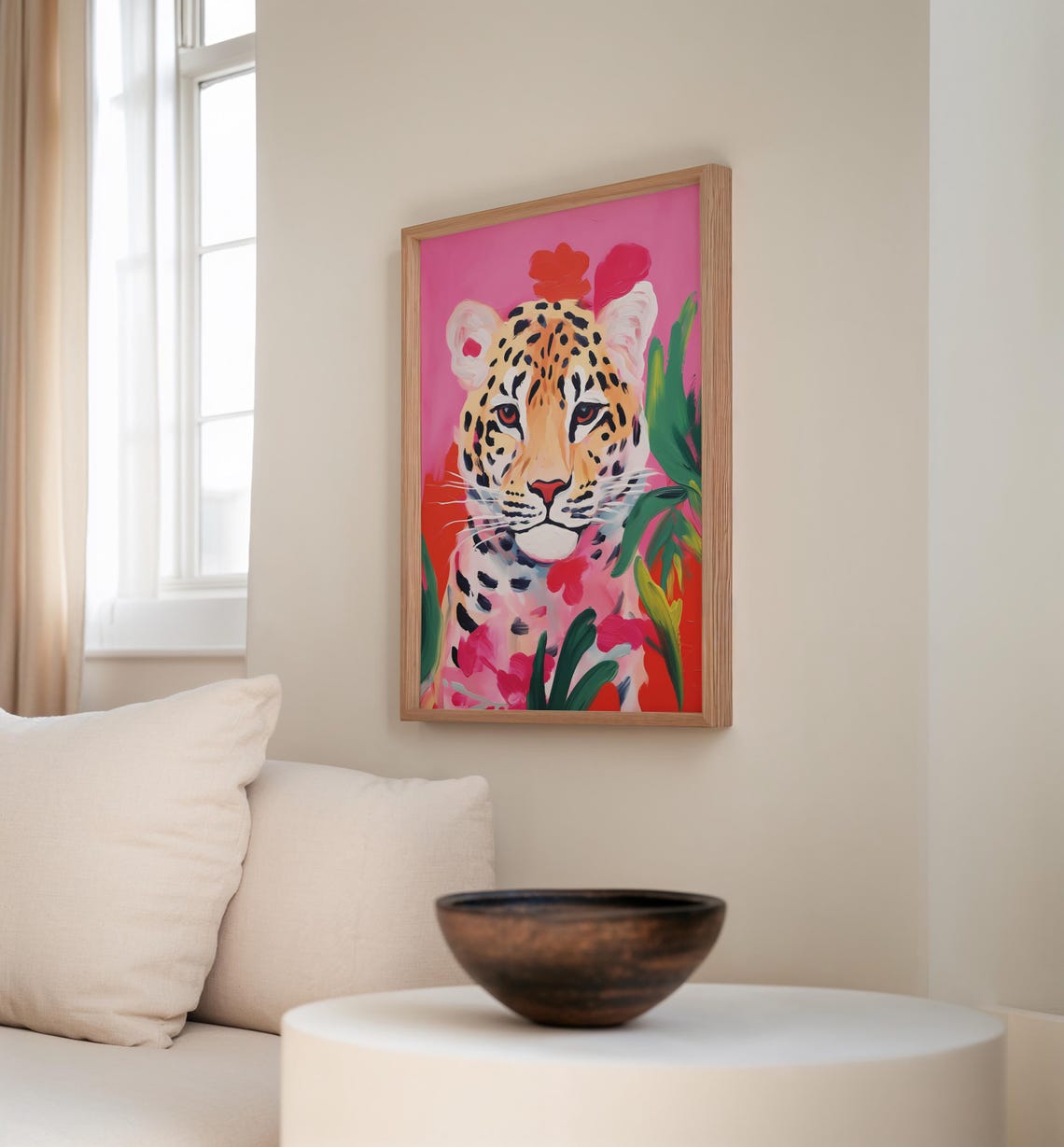 Bold Painterly Leopard Face on a Pink Tropical Background Art Poster - Image 3