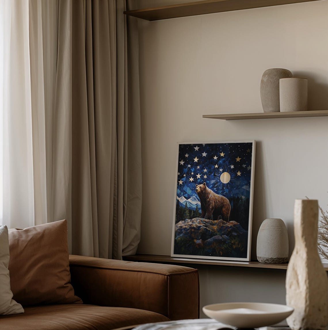 Brown Bear on a Rocky Peak Under a Starry Moonlit Sky Fantasy Poster - Image 3