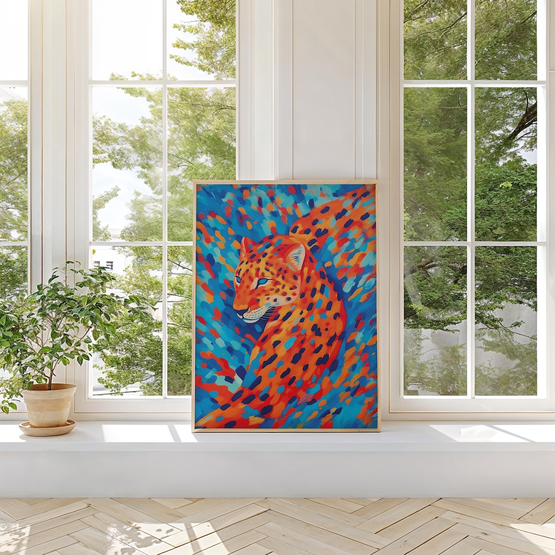Fauvist Orange Leopard in Expressive Brushstrokes on Turquoise Art Poster - Image 2