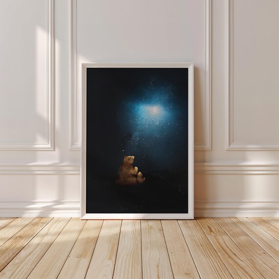 Mama Bear and Cub Gazing at a Glowing Blue Nebula Night Sky Art Print